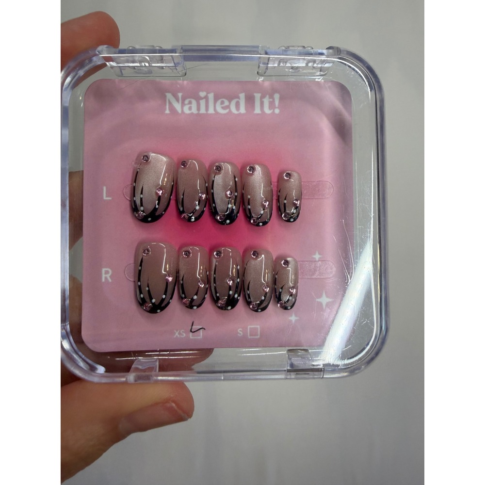 Nailed It! Press On Nails Size S Cat Eye Black French Tip Pink Rhinestone Almond